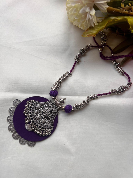 Handmade Silver Elephant Pendant Necklace - Purple Fabric Base