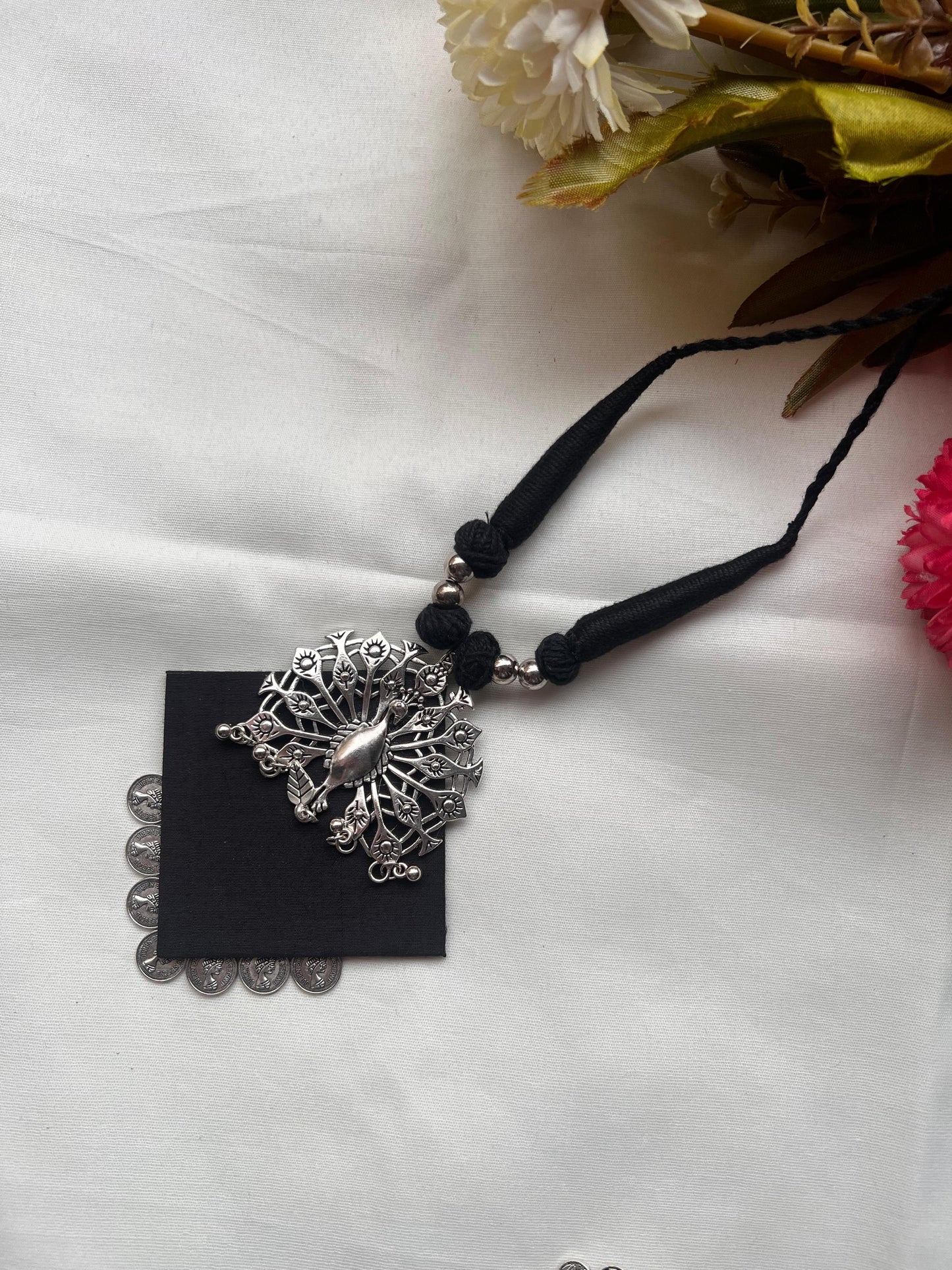 Handcrafted Silver Peacock Necklace Set - Black Fabric Base