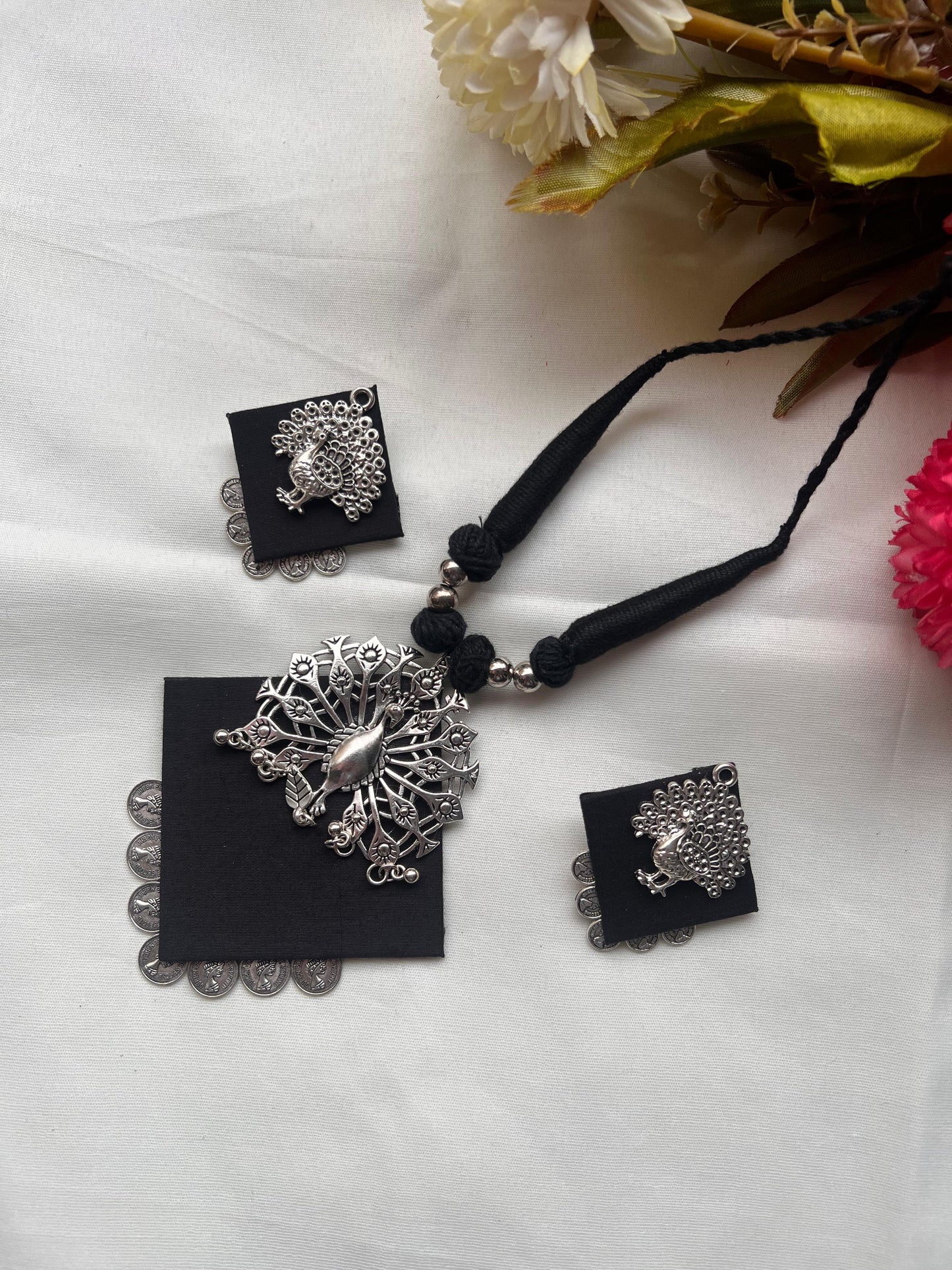 Handcrafted Silver Peacock Necklace Set - Black Fabric Base