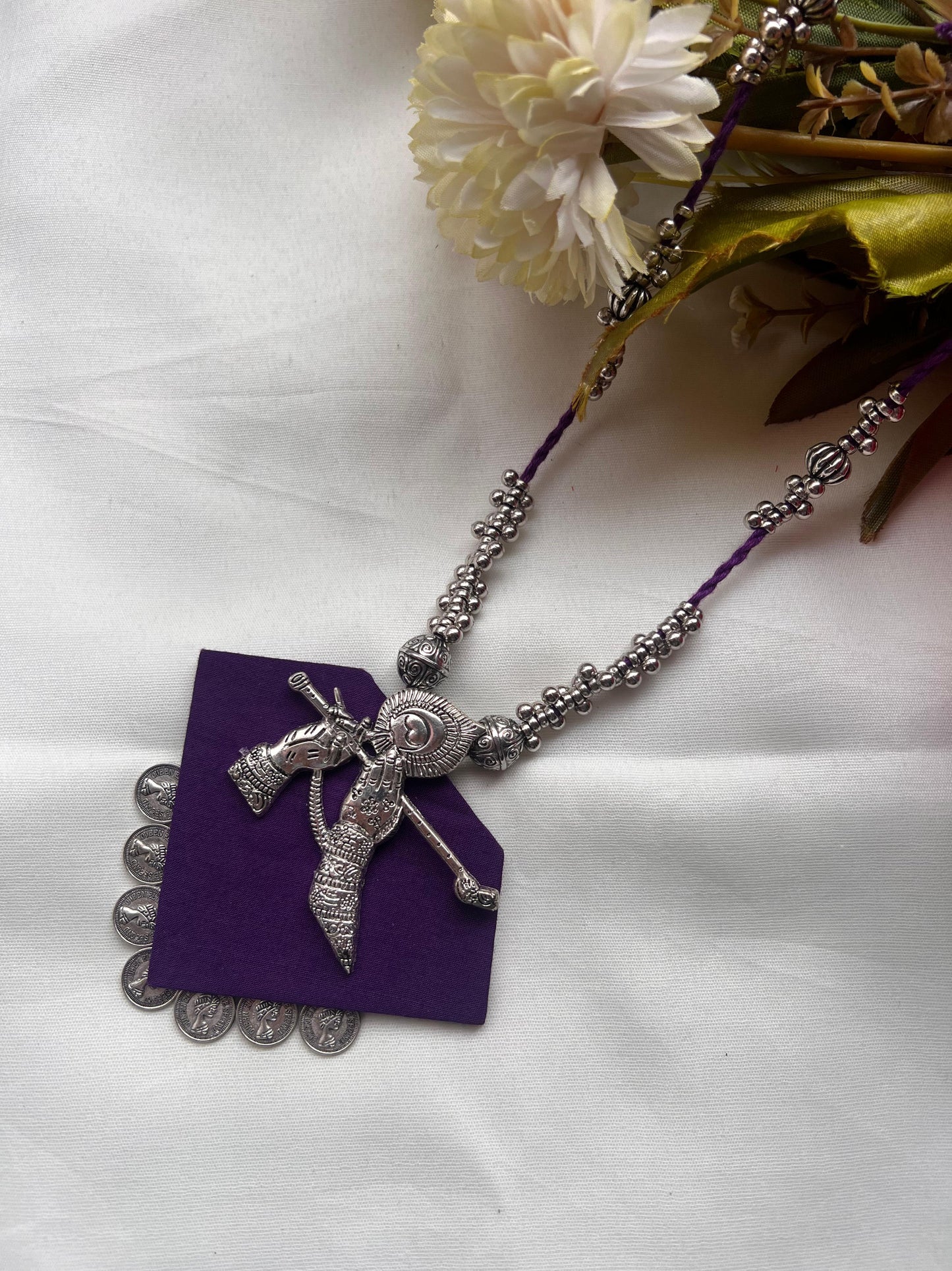 Purple Silver Tribal & Bird Necklace Set - Handcrafted