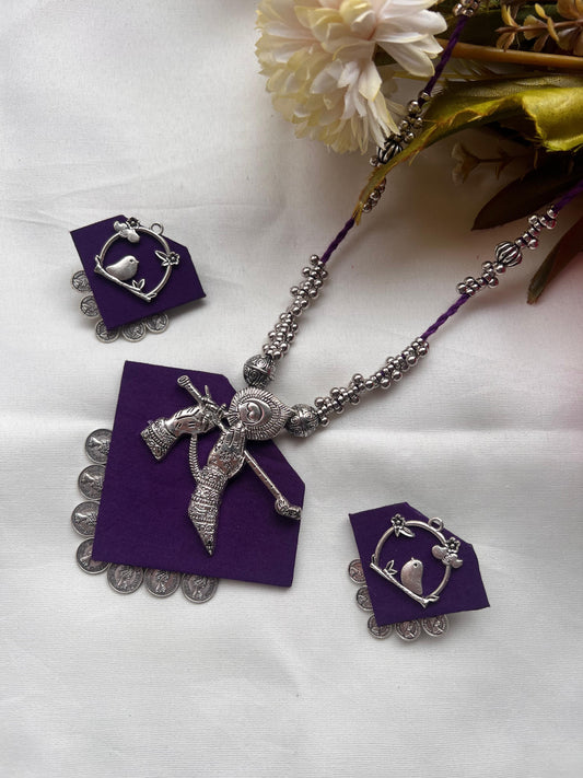 Purple Silver Tribal & Bird Necklace Set - Handcrafted