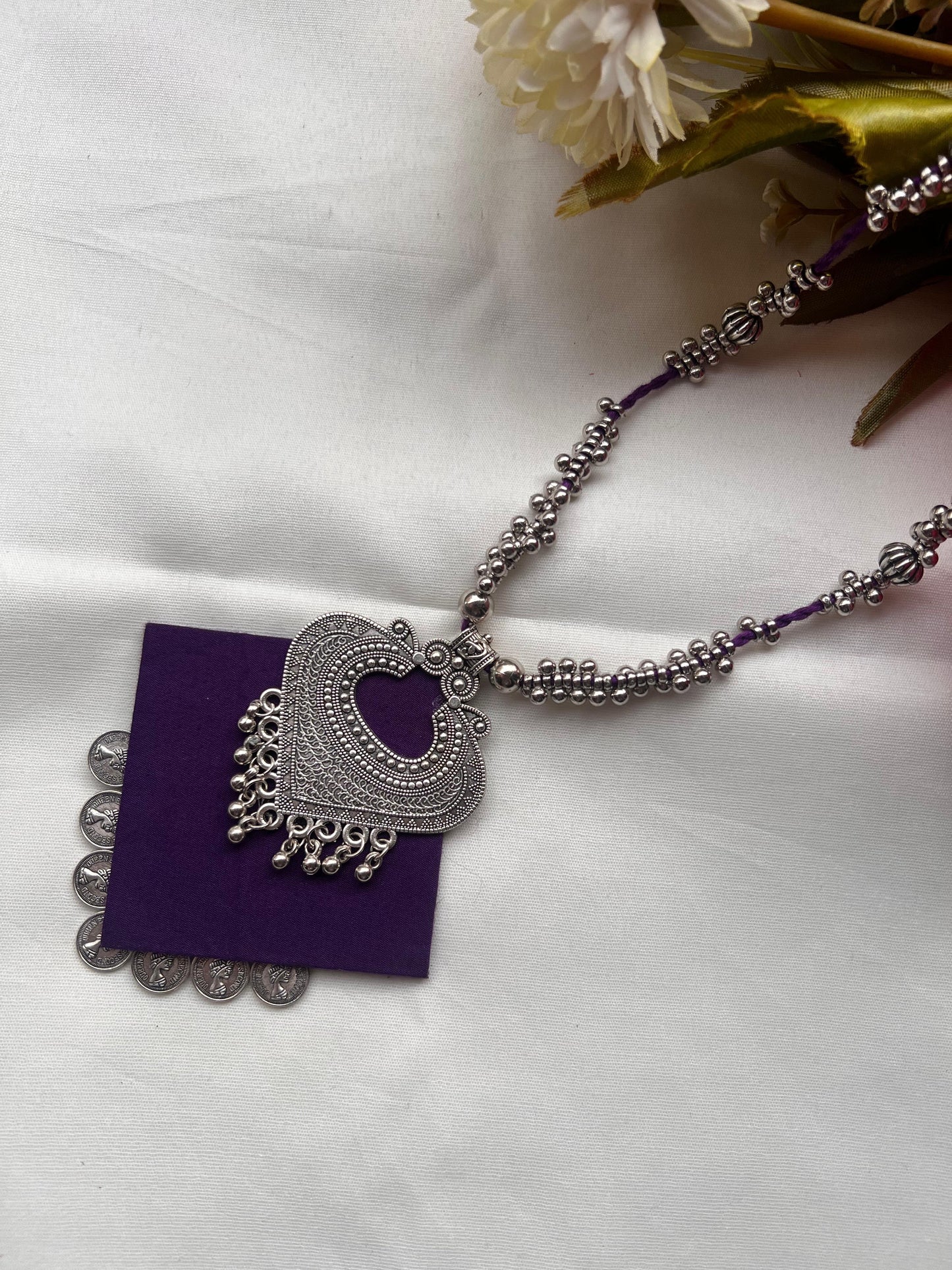 Purple Fabric Heart Necklace Set with Detailed Silverwork