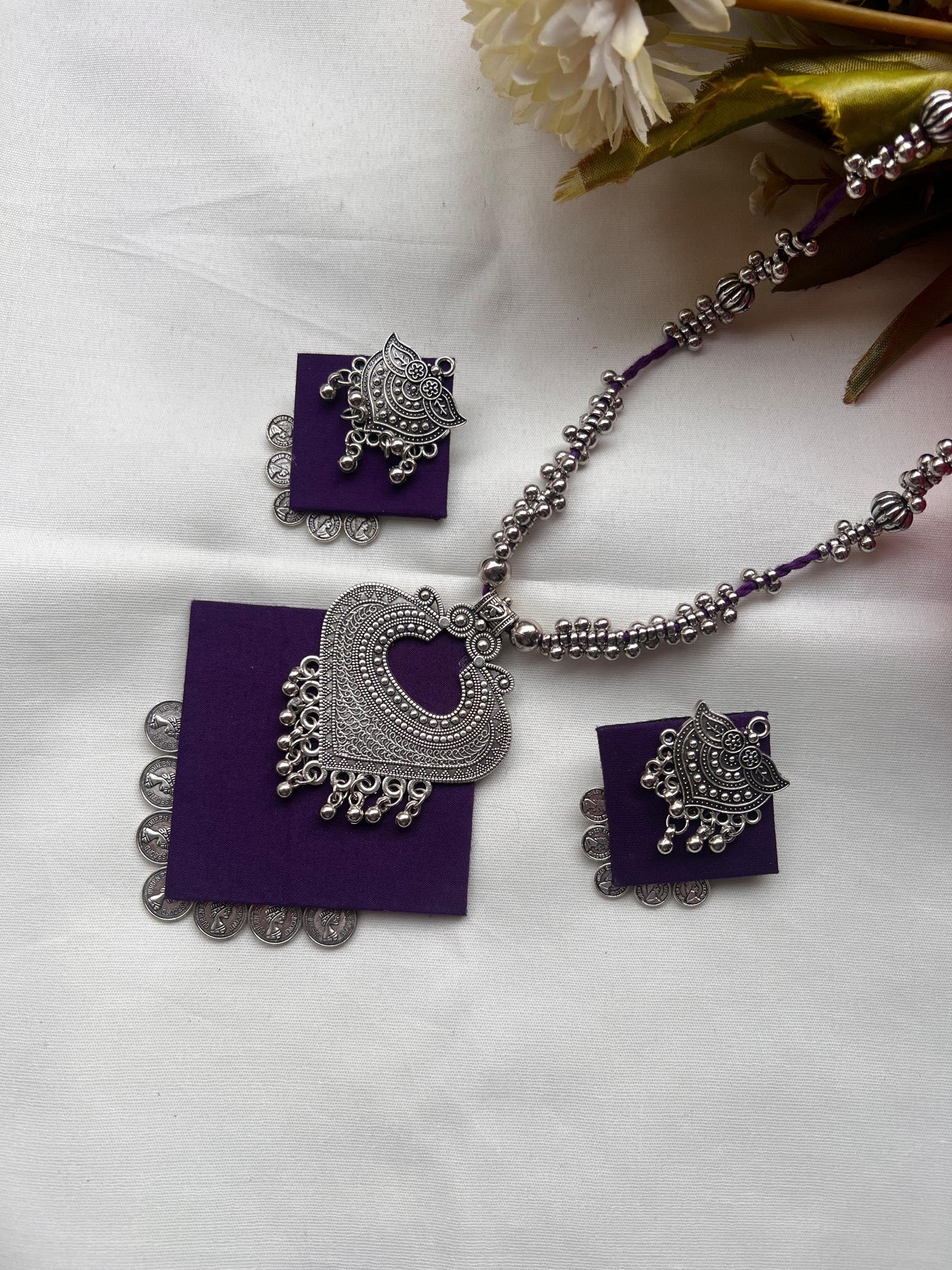 Purple Fabric Heart Necklace Set with Detailed Silverwork