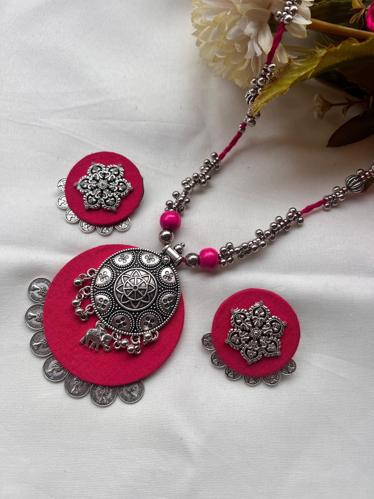 Pink Fabric Silver Coin Necklace Set with Elephant Charm