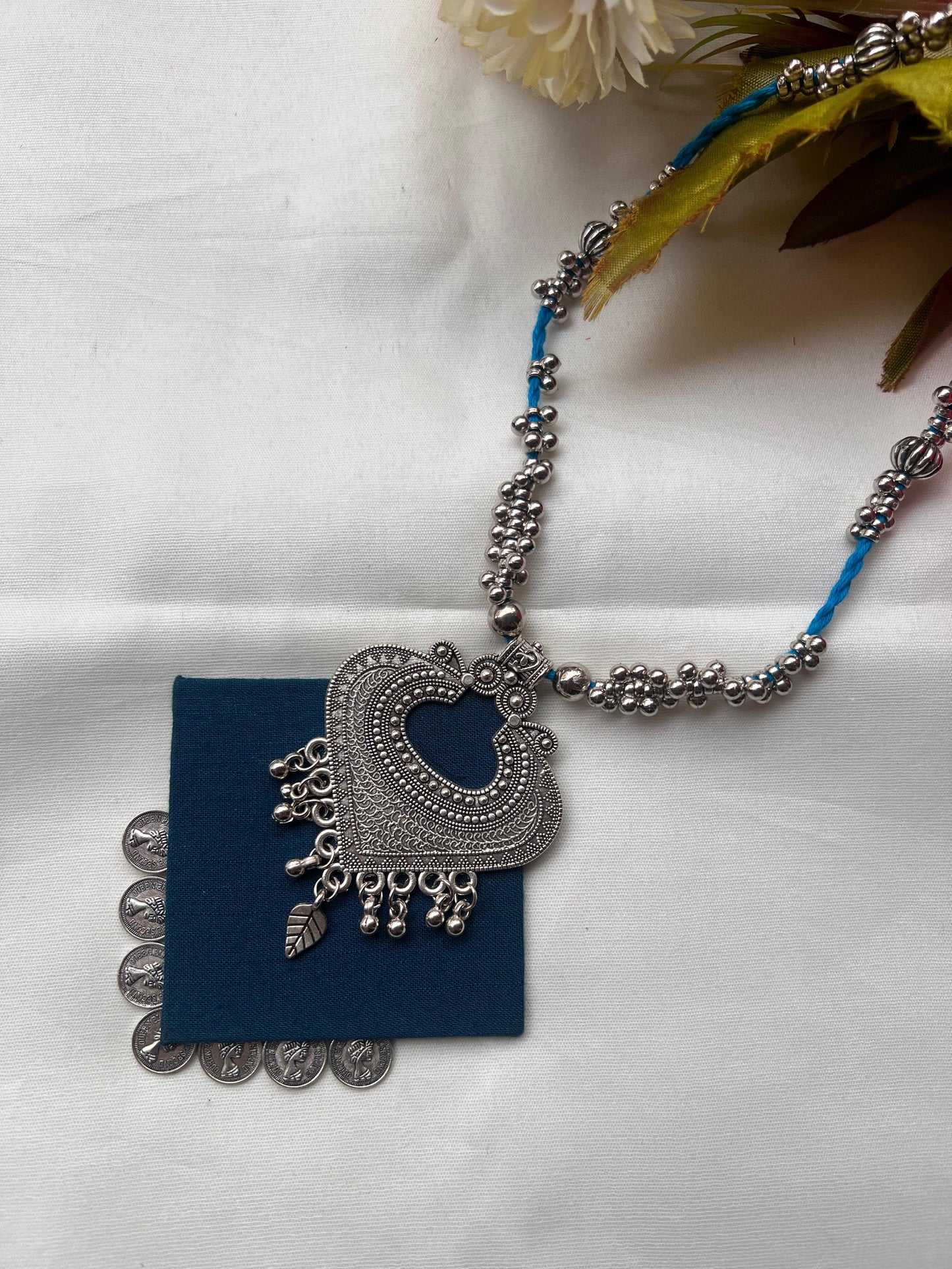 Silver Heart Pendant Necklace with Blue Fabric Base