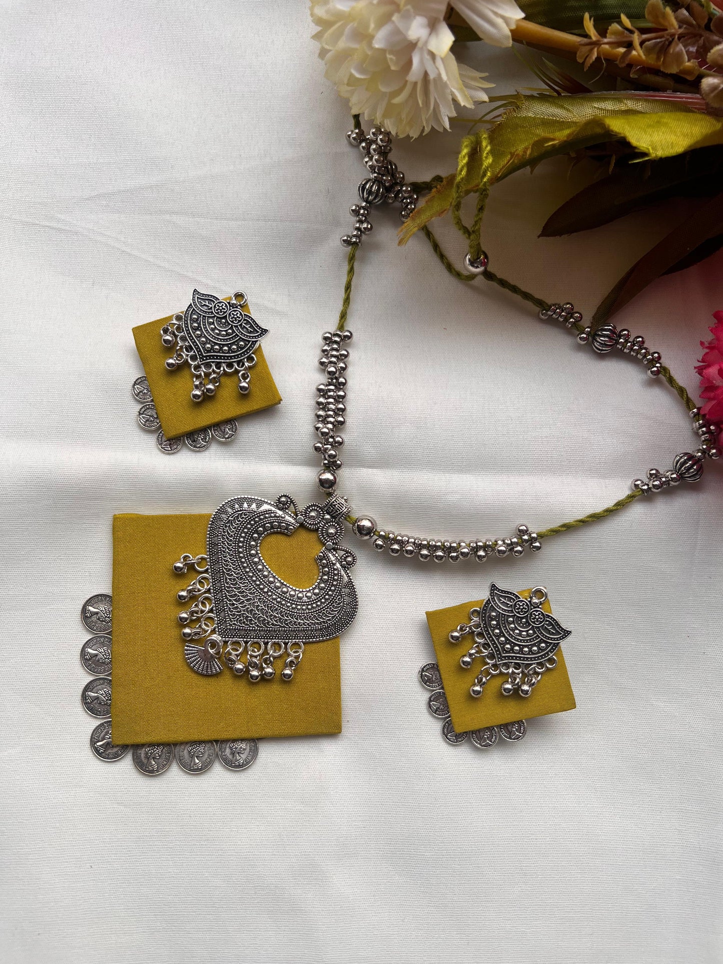 Silver Heart Pendant Necklace Set with Mustard Yellow Fabric Base