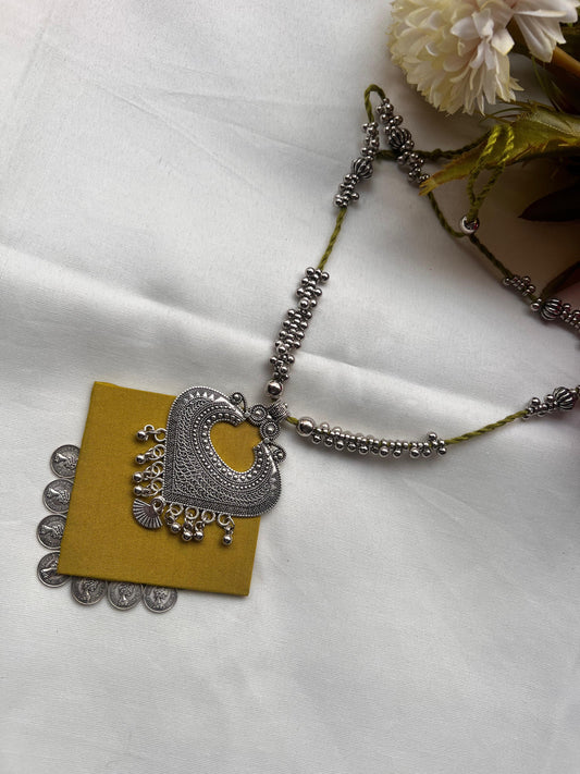 Silver Heart Pendant Necklace Set with Mustard Yellow Fabric Base