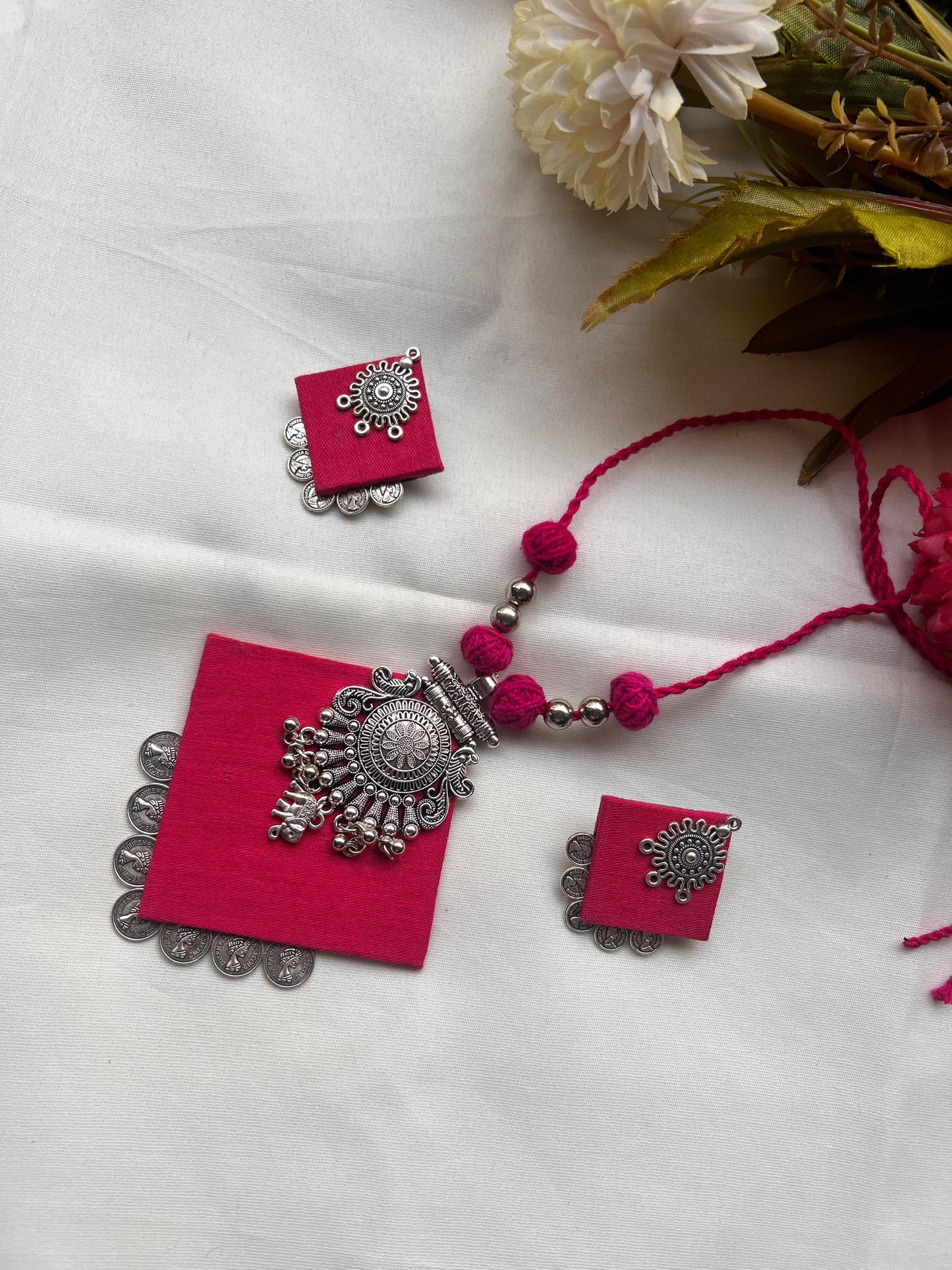 Silver Sun Pendant Necklace Set with Bright Pink Fabric Base