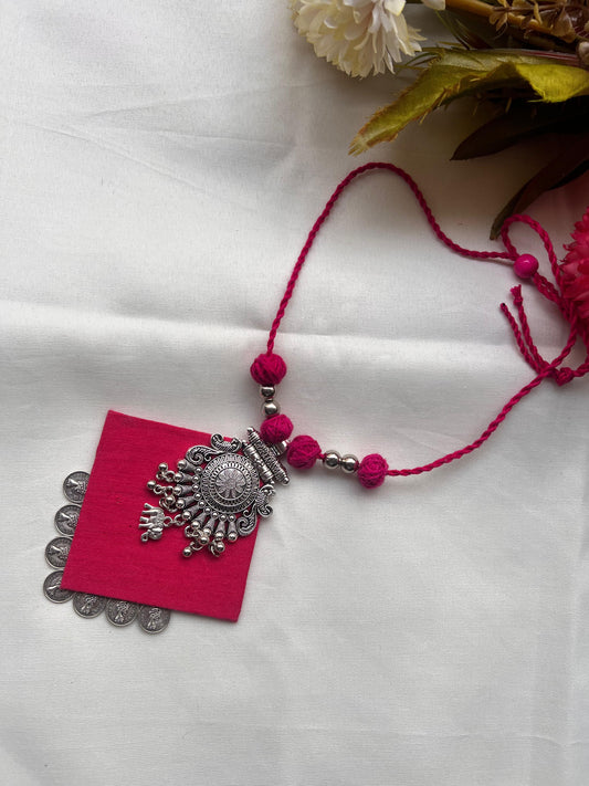 Silver Sun Pendant Necklace Set with Bright Pink Fabric Base