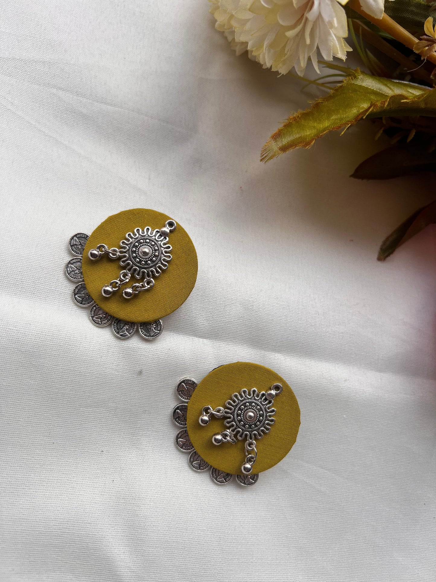 Handcrafted Silver Sunflower Necklace Set with Mustard Yellow Fabric Base