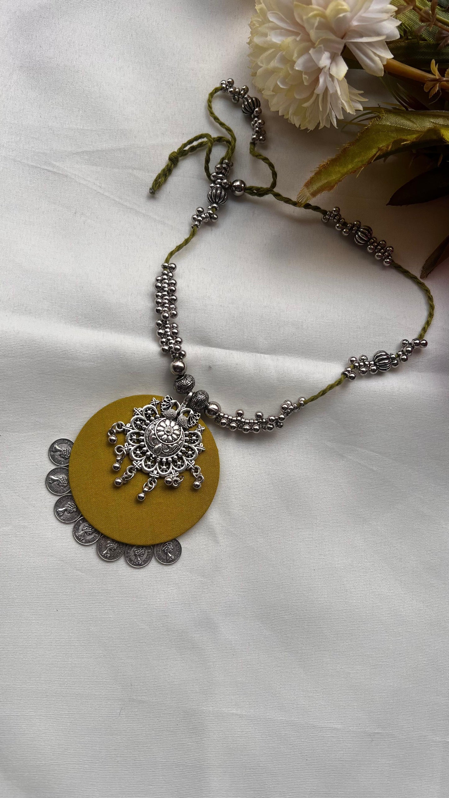 Handcrafted Silver Sunflower Necklace Set with Mustard Yellow Fabric Base