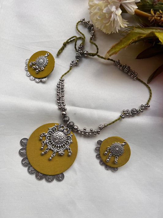 Handcrafted Silver Sunflower Necklace Set with Mustard Yellow Fabric Base