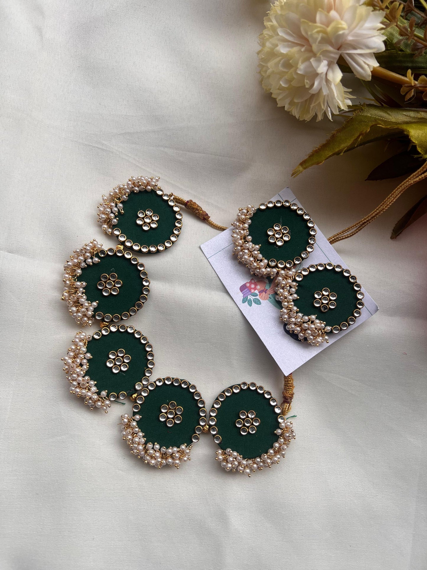 Green Fabric Choker Set with Pearl and Stone Embellishments