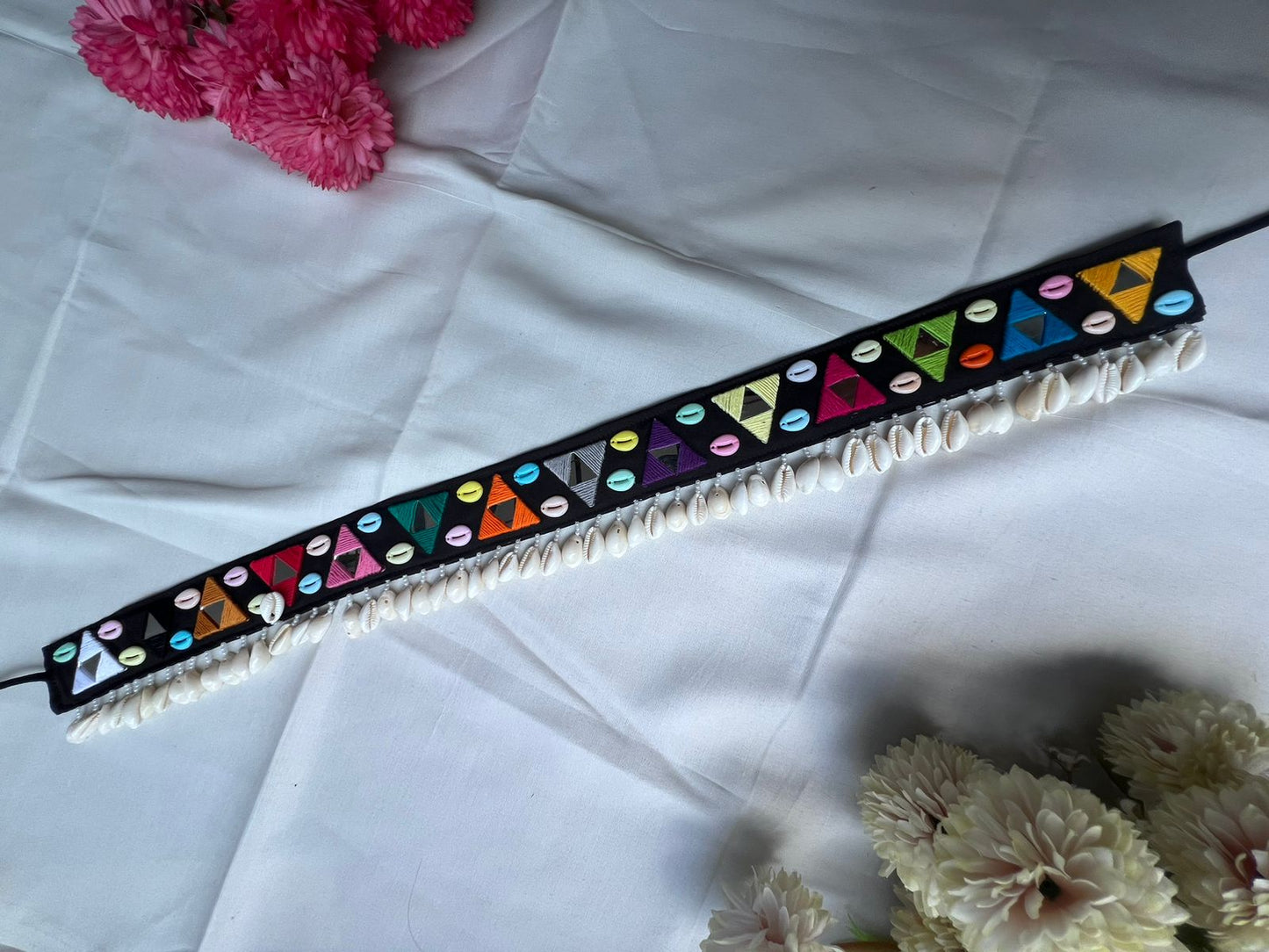 Boho Chic Black Belt with Multicolor Embroidery and Shell Detailing