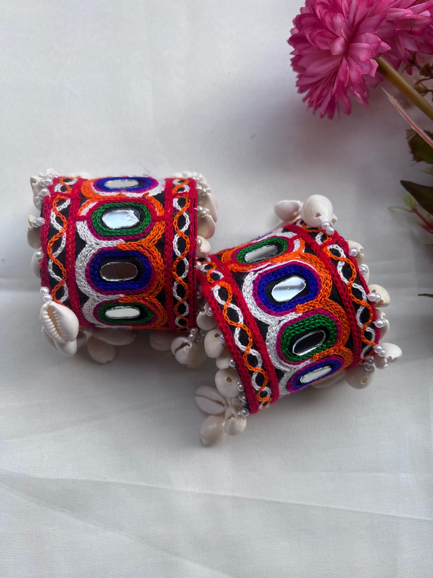 Vibrant Multicolor Handcrafted Cuffs with Mirror Work and Shell Detailing