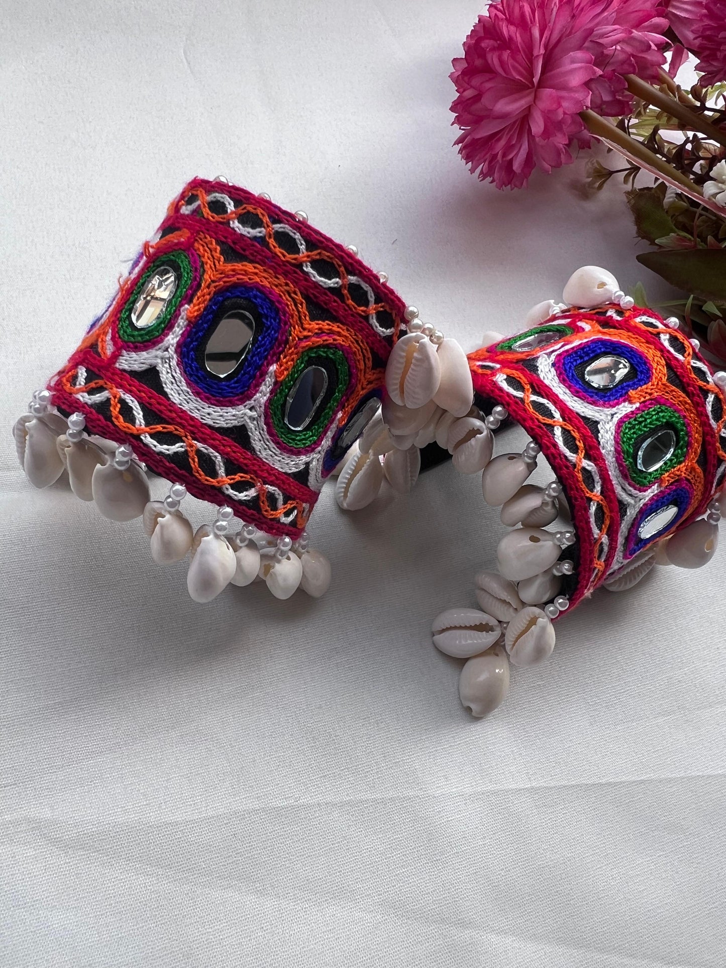 Vibrant Multicolor Handcrafted Cuffs with Mirror Work and Shell Detailing