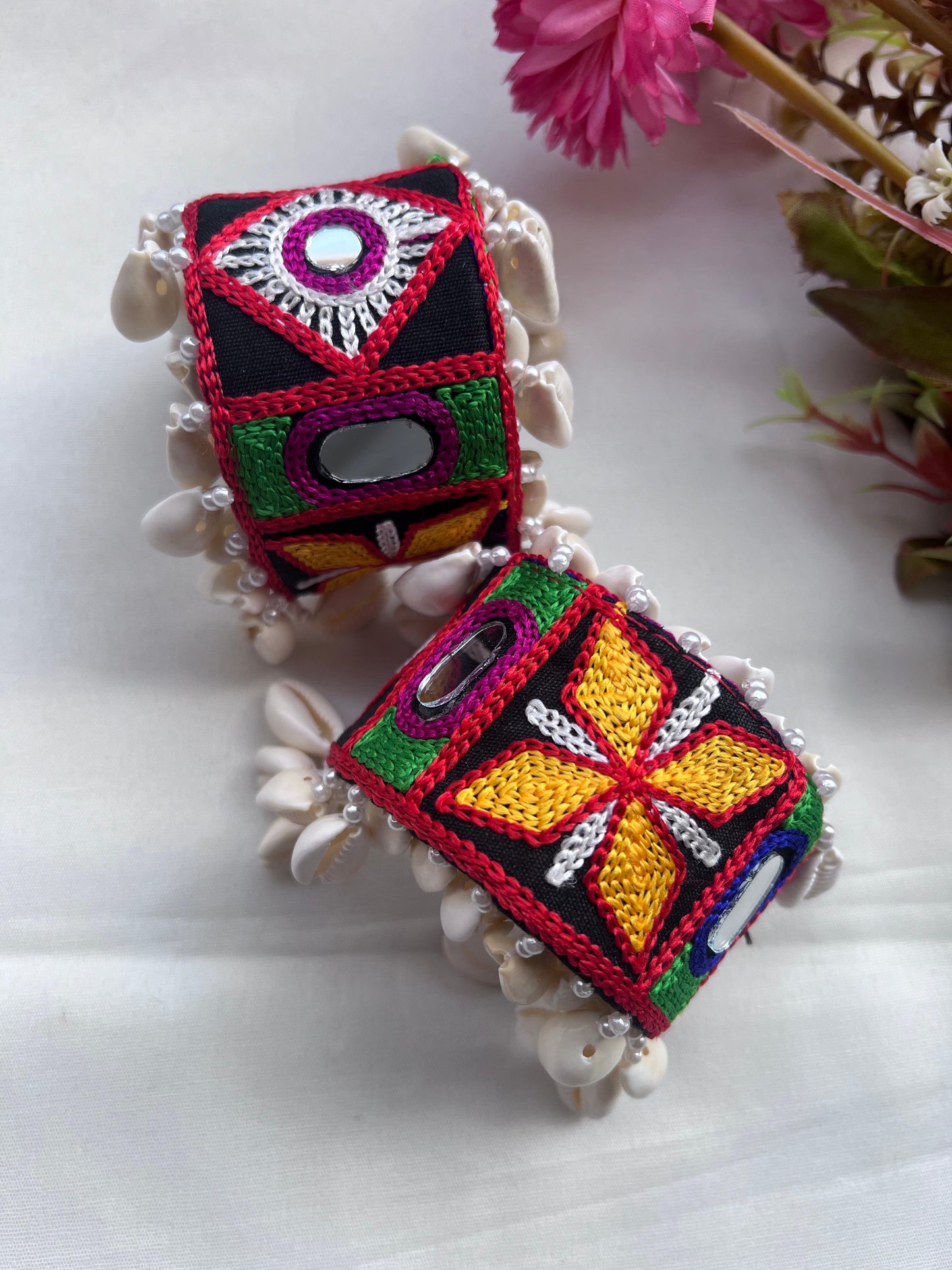 Geometric Multicolor Embroidered Cuffs with Mirror Work and Shell Detailing