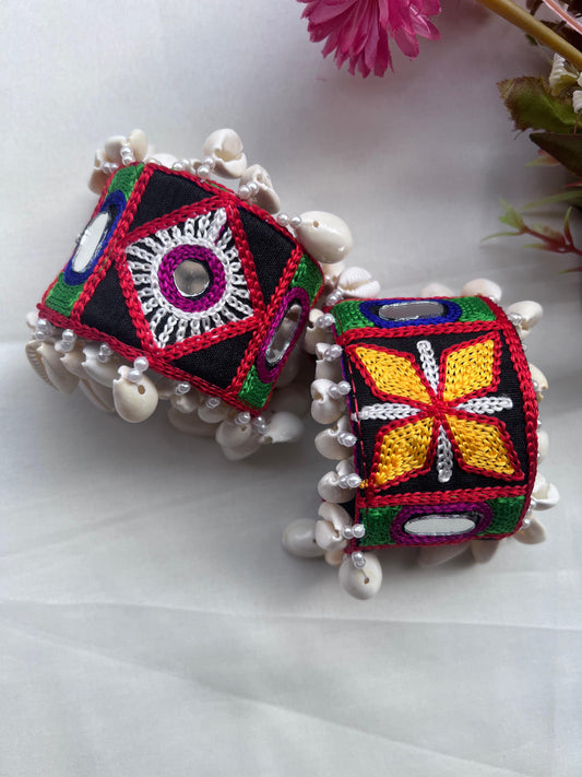 Geometric Multicolor Embroidered Cuffs with Mirror Work and Shell Detailing