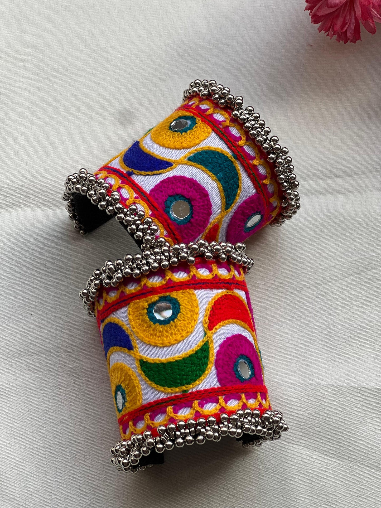 Bold Embroidered Cuffs with Mirror Work and Metal Bead Edging