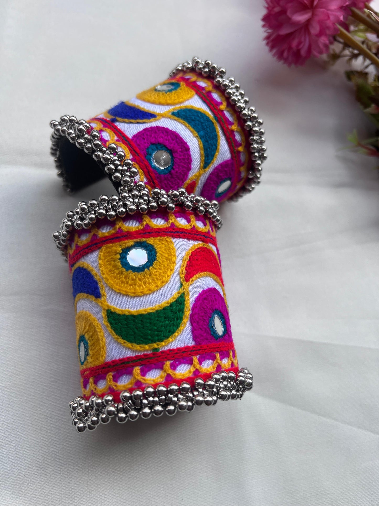 Bold Embroidered Cuffs with Mirror Work and Metal Bead Edging