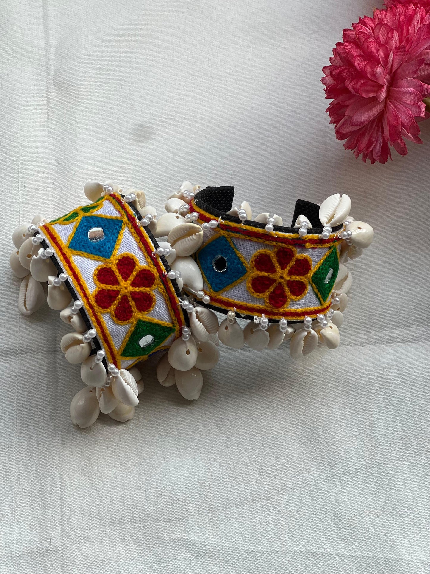 Embroidered Floral Cuffs with Cowrie Shell Detailing