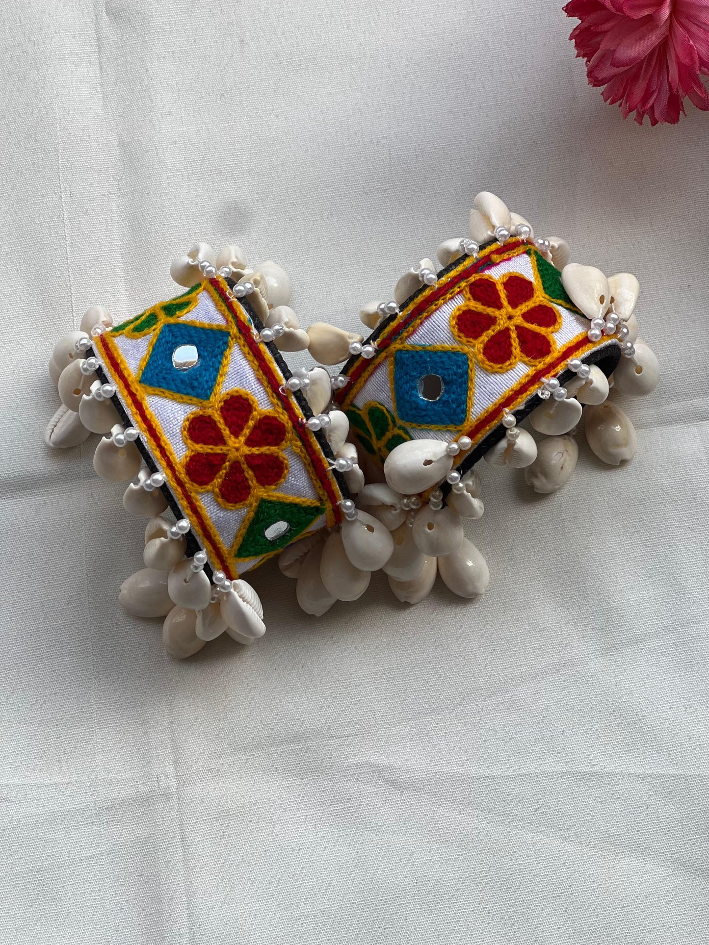 Embroidered Floral Cuffs with Cowrie Shell Detailing