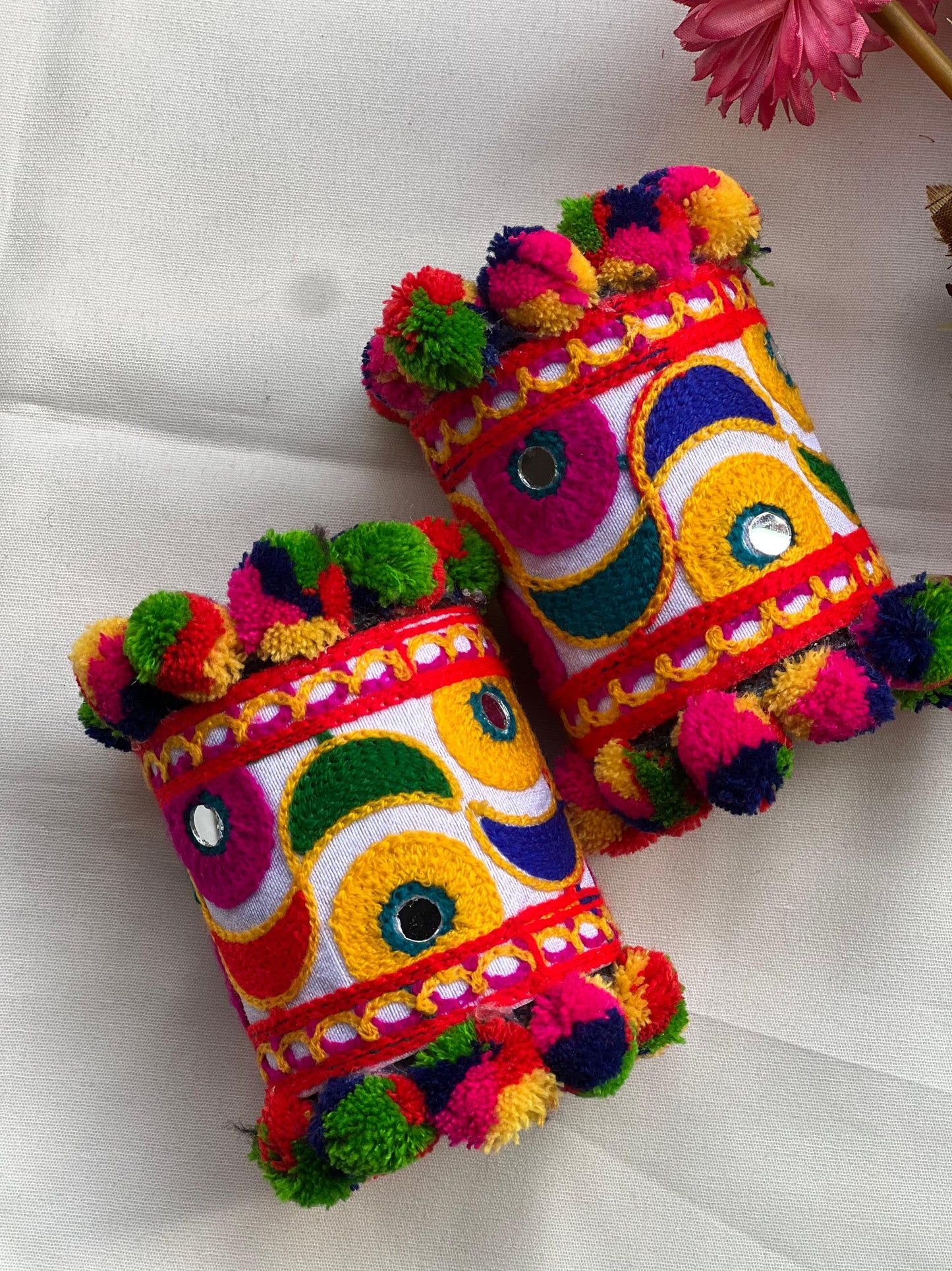 Colorful Embroidered Pom-Pom Cuffs with Mirror Accents