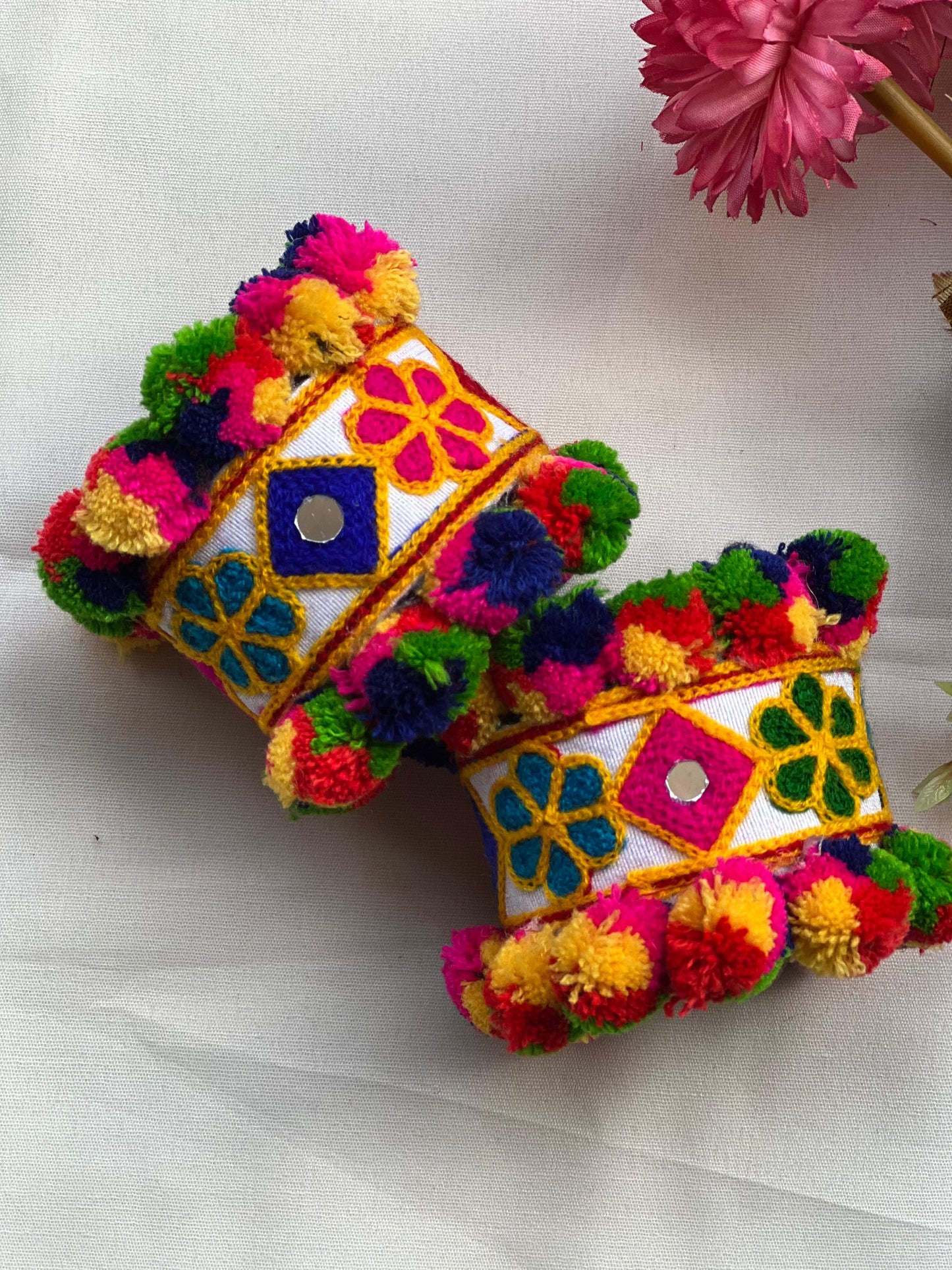 Colorful Embroidered Pom-Pom Cuffs with Mirror Accents