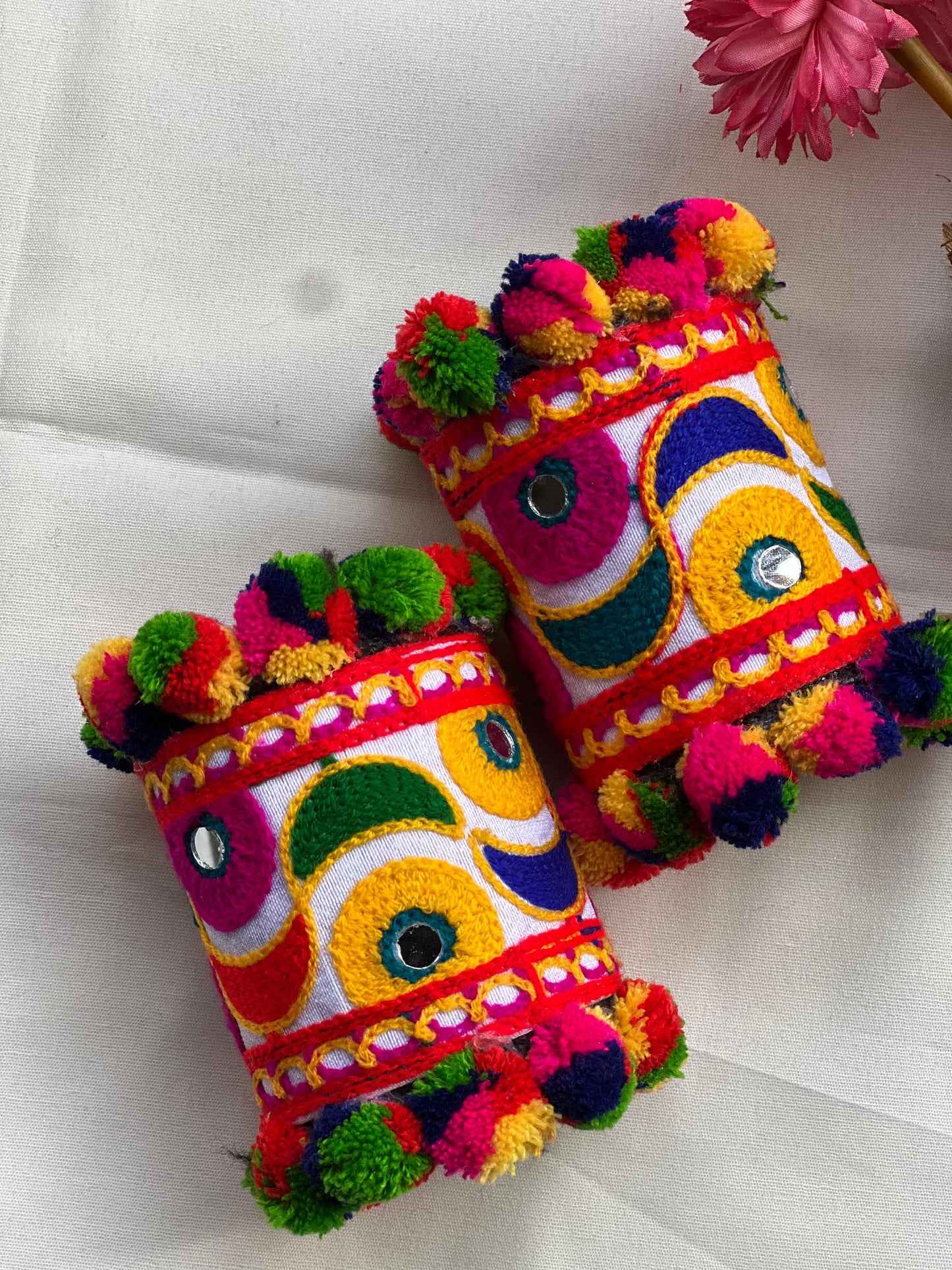 Colorful Embroidered Pom-Pom Cuffs with Mirror Accents