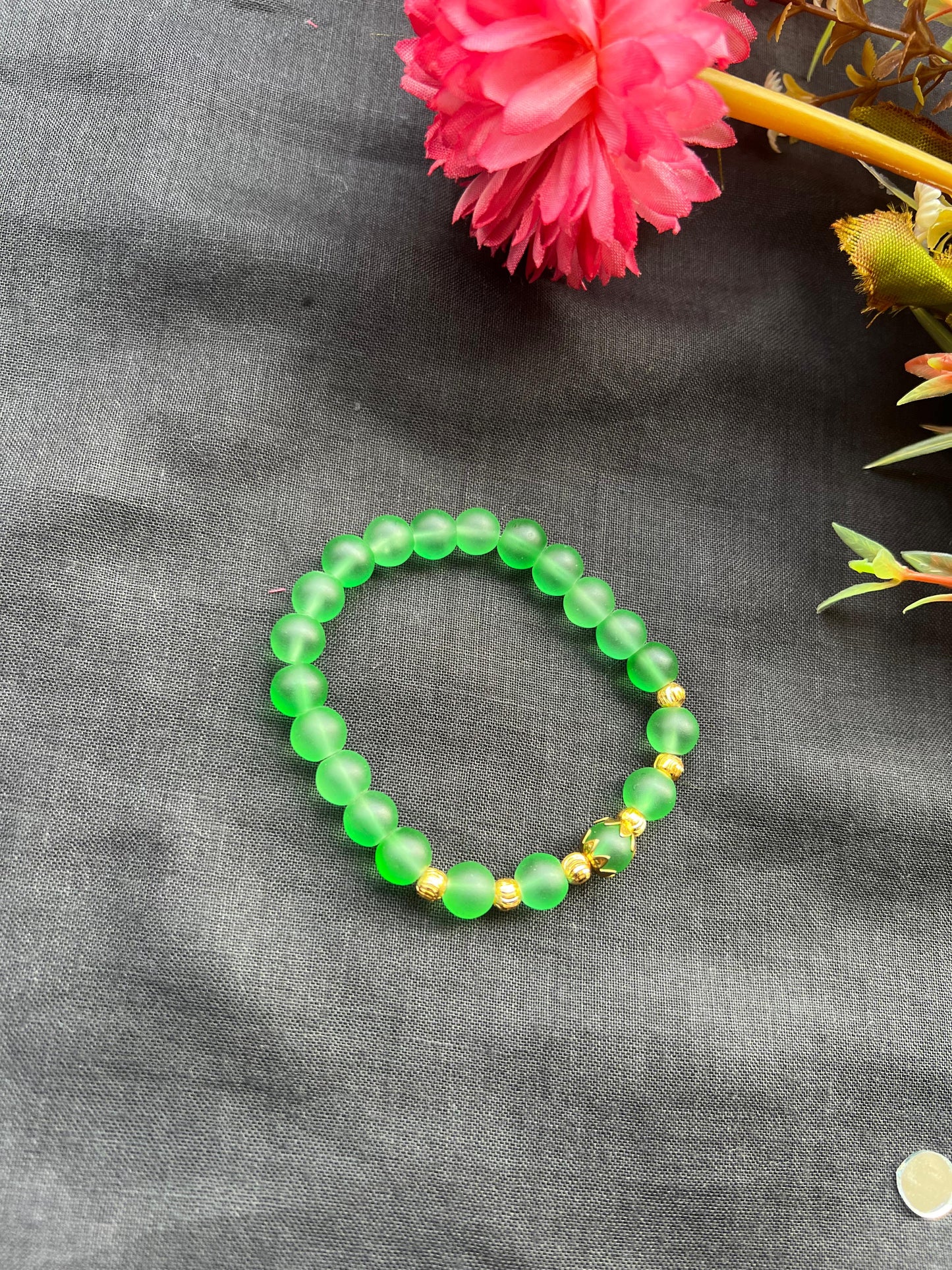 Green Frosted Bead Bracelet with Gold Accents